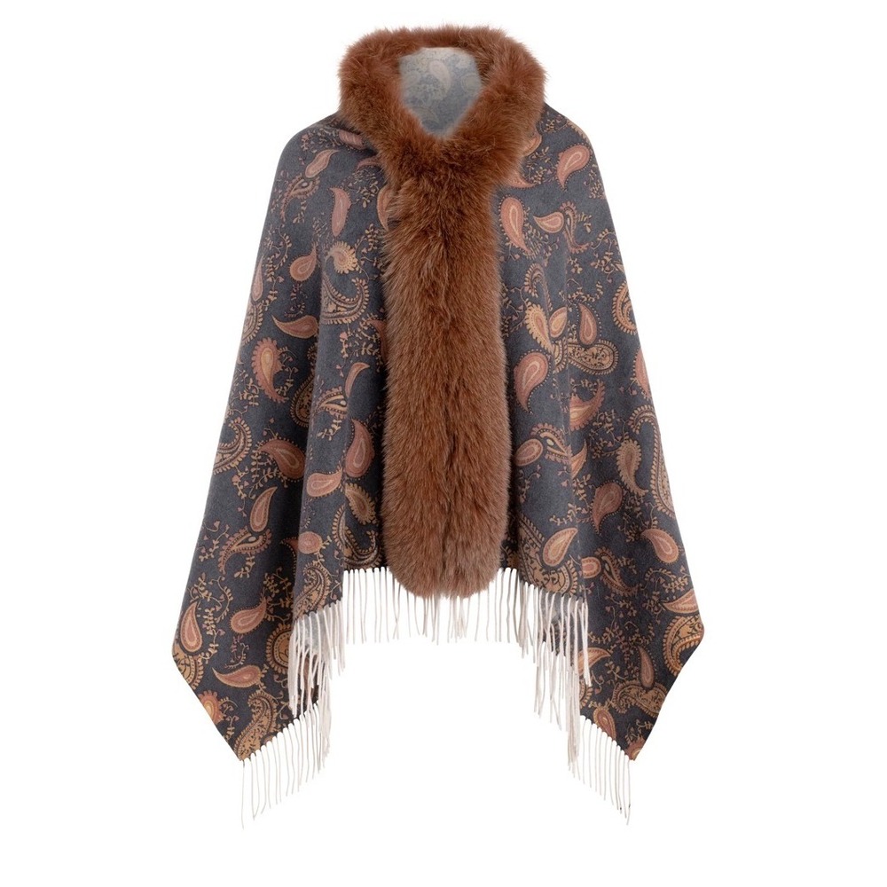 Willie Shawl Fur Cashmere Wool Cape Wrap Paisley Women One Size Blue Brown Soft